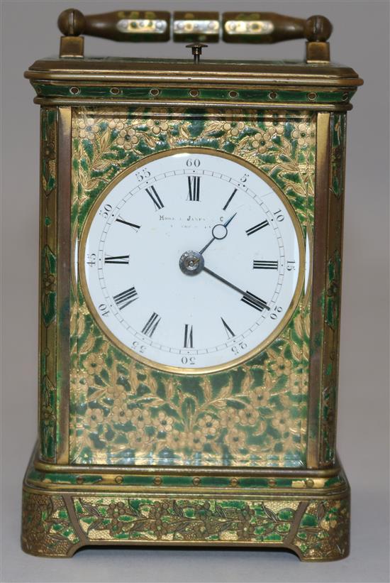 A Drocourt & Cie enamelled brass hour repeating carriage clock, 5.5in.